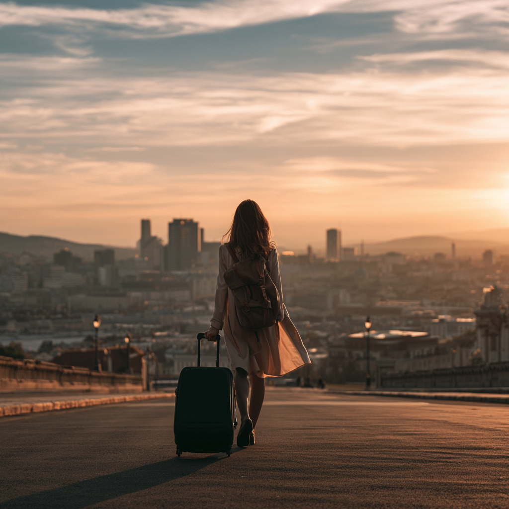 Mulher com mala caminhando por uma avenida europeia ao pôr do sol