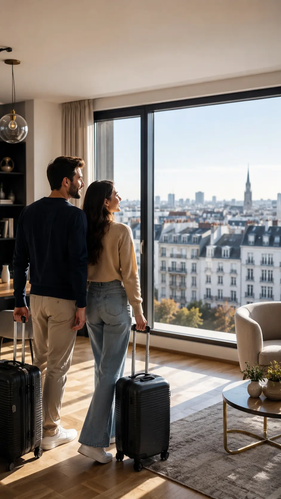 Casal com malas observando a vista da cidade em um apartamento europeu