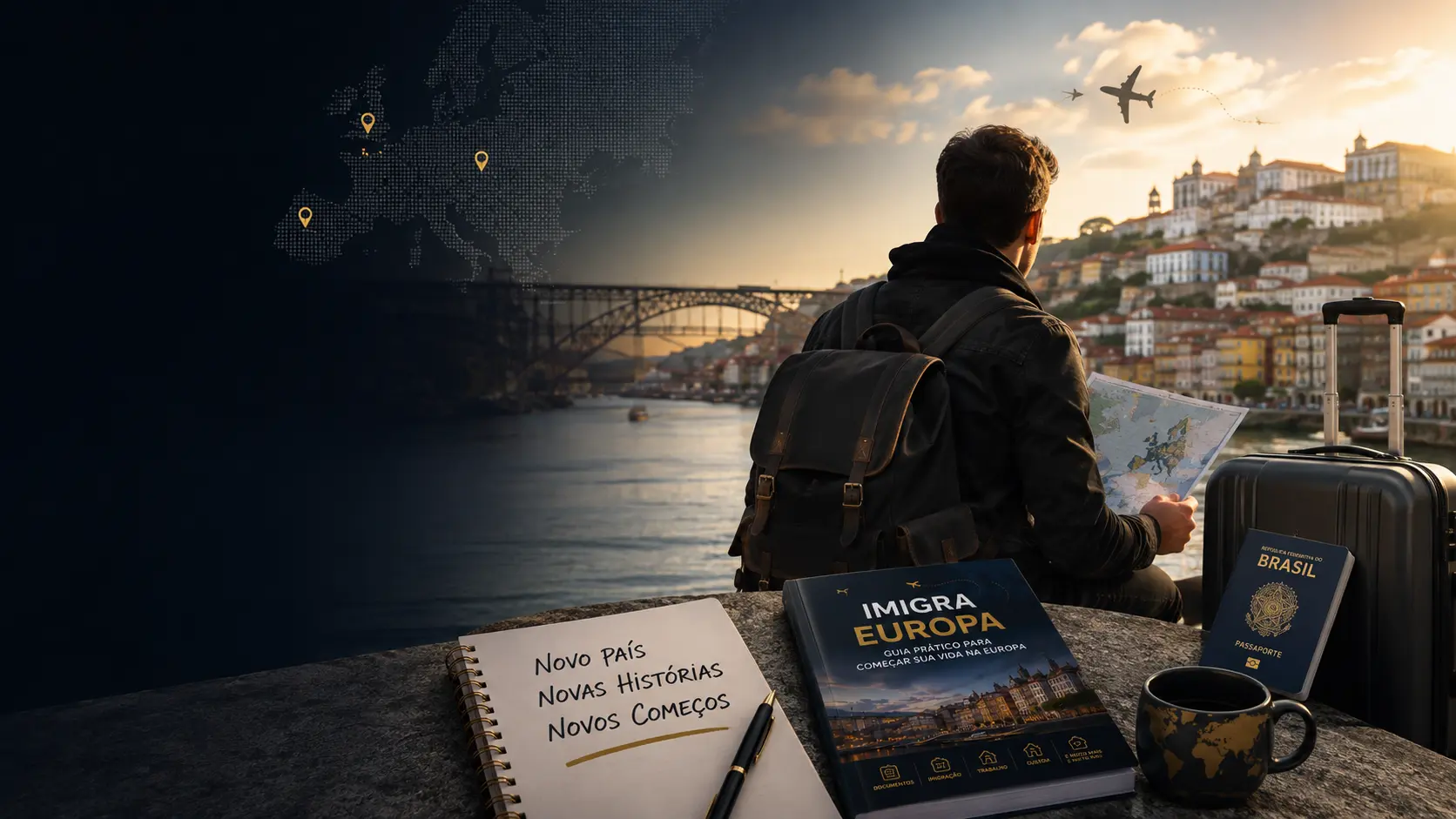 Brasileiro observando uma cidade europeia ao amanhecer com o Guia Imigração Europa sobre a mureta