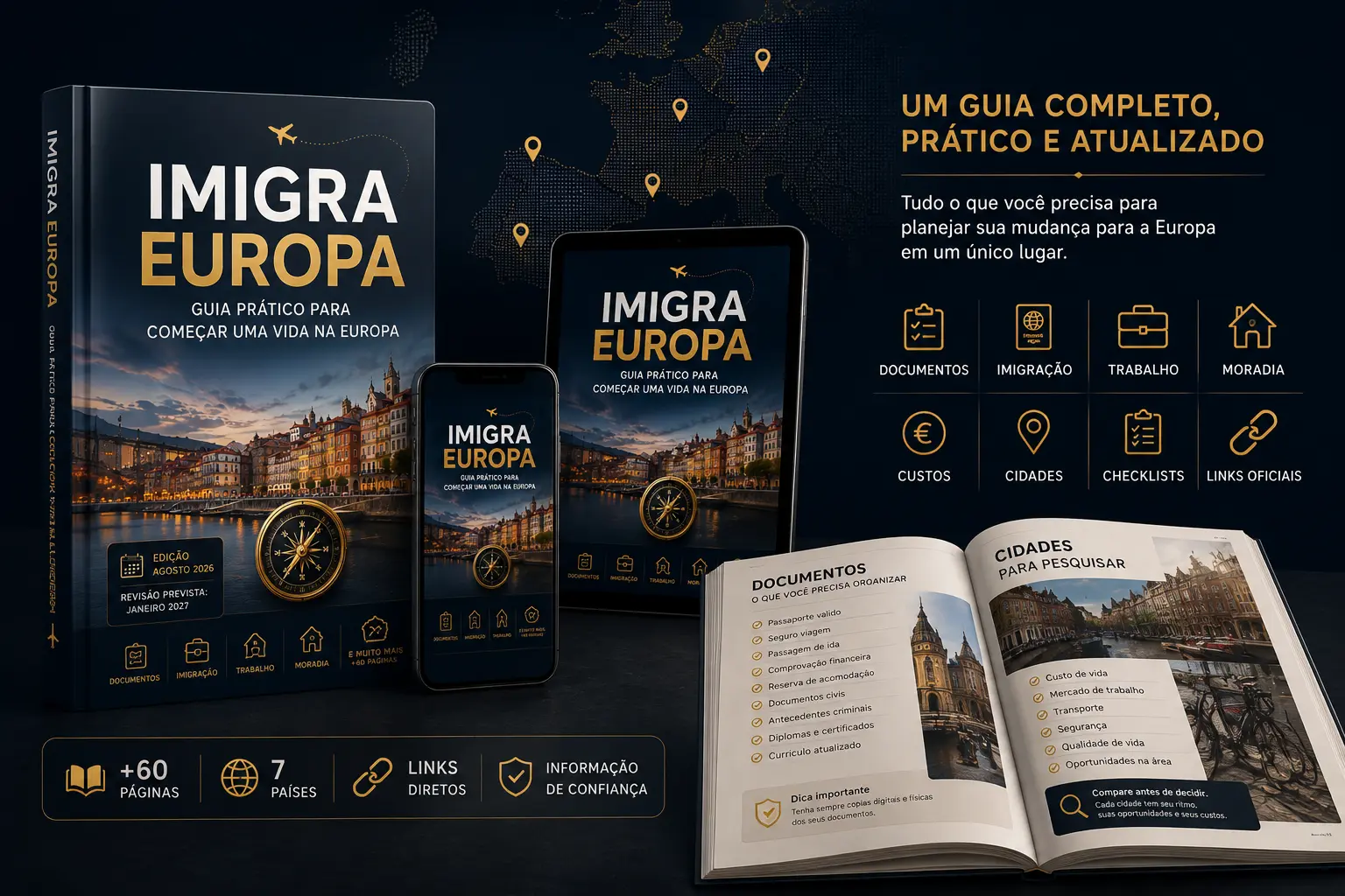 Guia Imigração Europa em livro, tablet e celular — edição agosto 2026